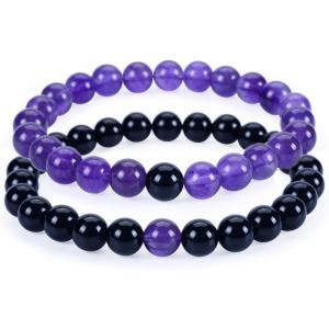 imageCherry Tree Collection Couples Distance Bracelets  His and Hers  Gemstone Beaded Stretch Bracelets 8mm Round Beads Black Agate and Amethyst  LargeMedium