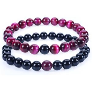 imageCherry Tree Collection Couples Distance Bracelets  His and Hers  Gemstone Beaded Stretch Bracelets 8mm Round Beads Black Agate and Pink Tigers Eye  LargeMedium