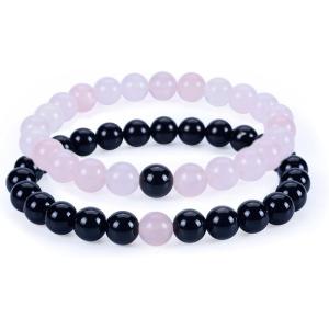 imageCherry Tree Collection Couples Distance Bracelets  His and Hers  Gemstone Beaded Stretch Bracelets 8mm Round Beads Black Agate and Rose Quartz  LargeMedium