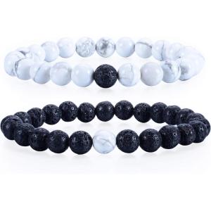 imageCherry Tree Collection Couples Distance Bracelets  His and Hers  Gemstone Beaded Stretch Bracelets 8mm Round Beads Lava and White Howlite  LargeMedium