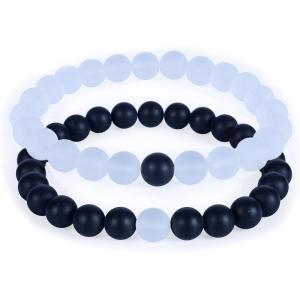 imageCherry Tree Collection Couples Distance Bracelets  His and Hers  Gemstone Beaded Stretch Bracelets 8mm Round Beads Matte Black Agate and Matte Clear Quartz  LargeMedium