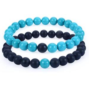 imageCherry Tree Collection Couples Distance Bracelets  His and Hers  Gemstone Beaded Stretch Bracelets 8mm Round Beads Matte Black Agate and Turquoise Howlite  LargeMedium