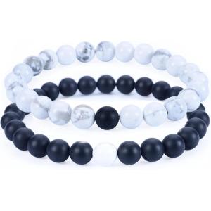 imageCherry Tree Collection Couples Distance Bracelets  His and Hers  Gemstone Beaded Stretch Bracelets 8mm Round Beads Matte Black Agate and White Howlite  LargeMedium
