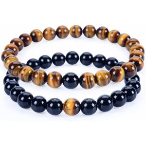 imageCherry Tree Collection Couples Distance Bracelets  His and Hers  Gemstone Beaded Stretch Bracelets 8mm Round Beads Tigers Eye and Black Agate  LargeMedium