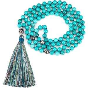 imageCherry Tree Collection Mala Necklace  108 HandKnotted 8mm Gemstone Round Beads Antiqued Guru and Counter Beads and Tassel  Meditation Buddhist Prayer HealingTurquoise Howlite