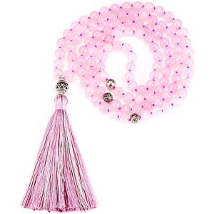 imageCherry Tree Collection Mala Necklace  108 HandKnotted 8mm Gemstone Round Beads Antiqued Guru and Counter Beads and Tassel  Meditation Buddhist Prayer HealingRose Quartz