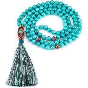 imageCherry Tree Collection Mala Necklace  108 HandKnotted 8mm Gemstone Round Beads Tibetan Guru and Counter Beads and Tassel  Meditation Buddhist Prayer HealingTurquoise Howlite