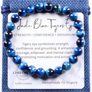 imageCherry Tree Collection  Handmade Crystal Beaded Stretch Bracelets For Women and Men  Small Medium Large Sizes  Healing Properties Card  8mm Round BeadsJade Blue Tigers Eye