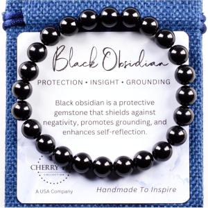 imageCherry Tree Collection  Handmade Crystal Beaded Stretch Bracelets For Women and Men  Small Medium Large Sizes  Healing Properties Card  8mm Round BeadsBlack Obsidian