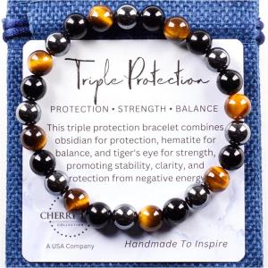 imageCherry Tree Collection  Handmade Crystal Beaded Stretch Bracelets For Women and Men  Small Medium Large Sizes  Healing Properties Card  8mm Round BeadsTriple Protection Gold